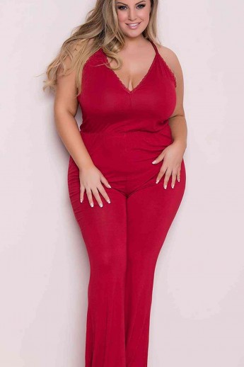 Merry See Πιτζάμα ολόσωμη Γυναικεία με V ντεκολτέ Plus size κόκκινο XXL 1 τεμ