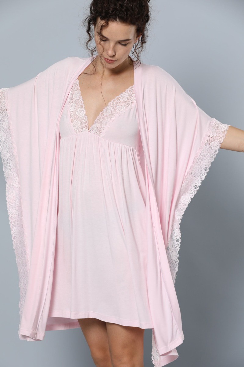 Σετ Ρομπα Νυχτικο Siyal Viscose Pink Lace Ροζ M