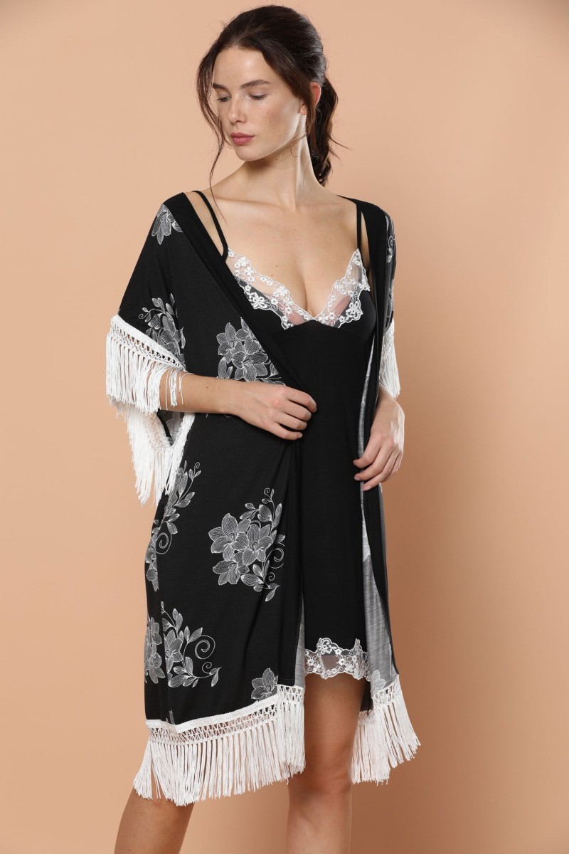 Σετ Ρομπα Νυχτικο Siyal Viscose Kimono Μαύρο XL