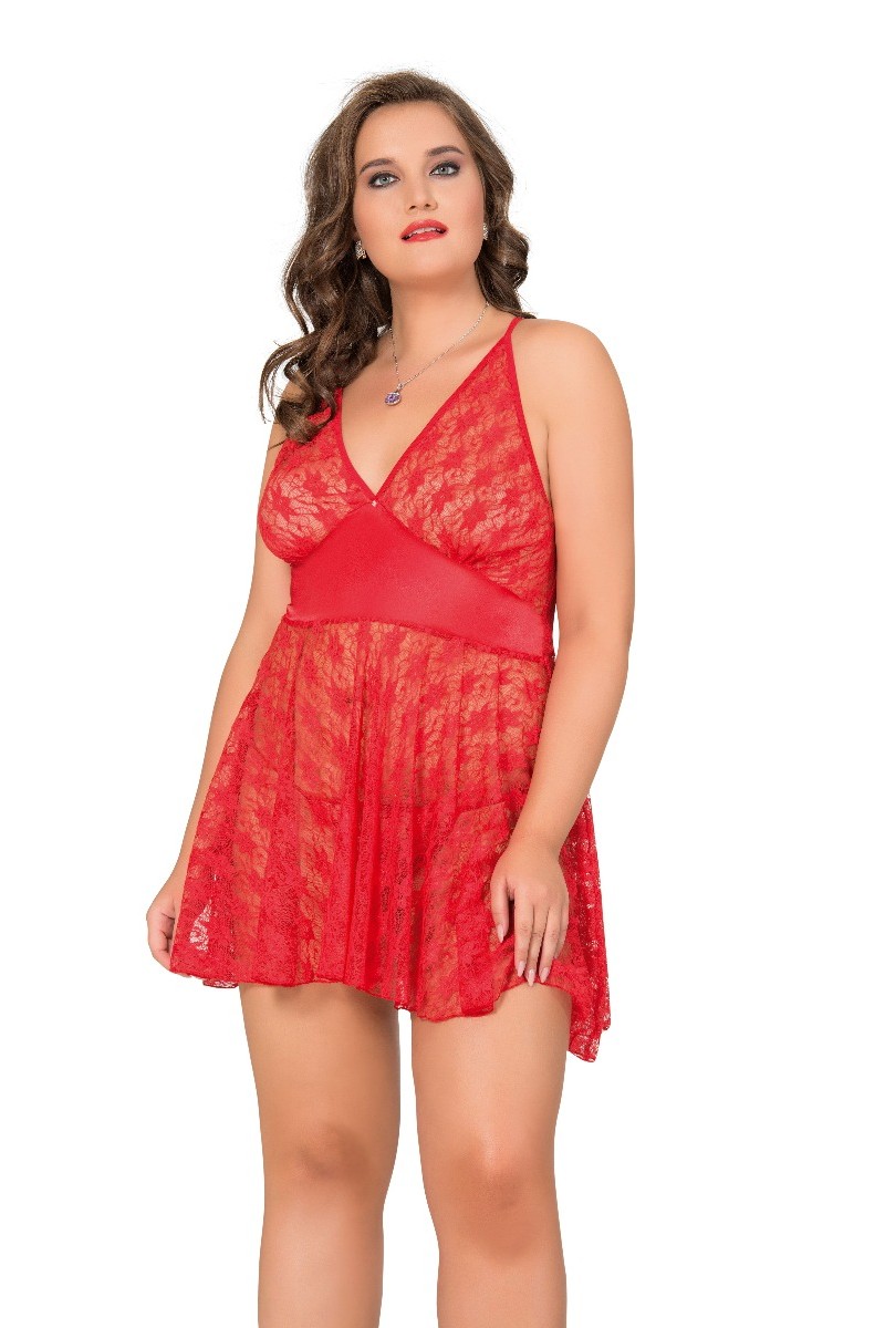 Babydoll Δαντελενιο Με Εσωρουχο Dena Κόκκινο 3XL