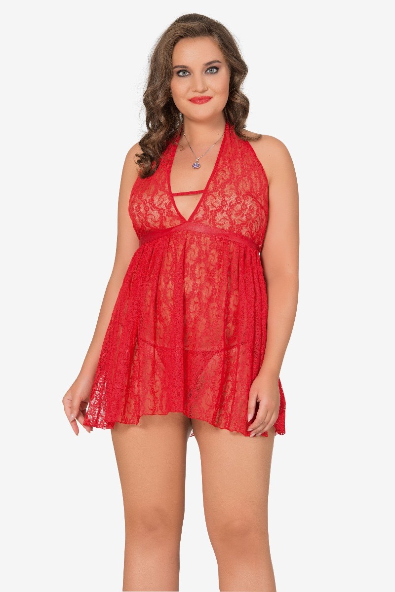 Babydoll Δαντελενιο Με Εσωρουχο Eva Κόκκινο 3XL