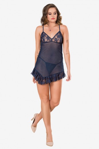 Babydoll Με Στρινγκ See Through Love Plus Size Μπλε 3XL