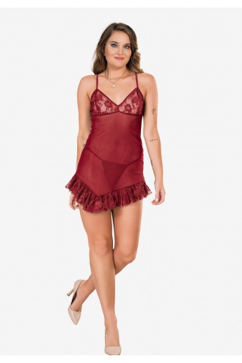 Babydoll Με Στρινγκ See Through Love Plus Size Μπορντώ 3XL