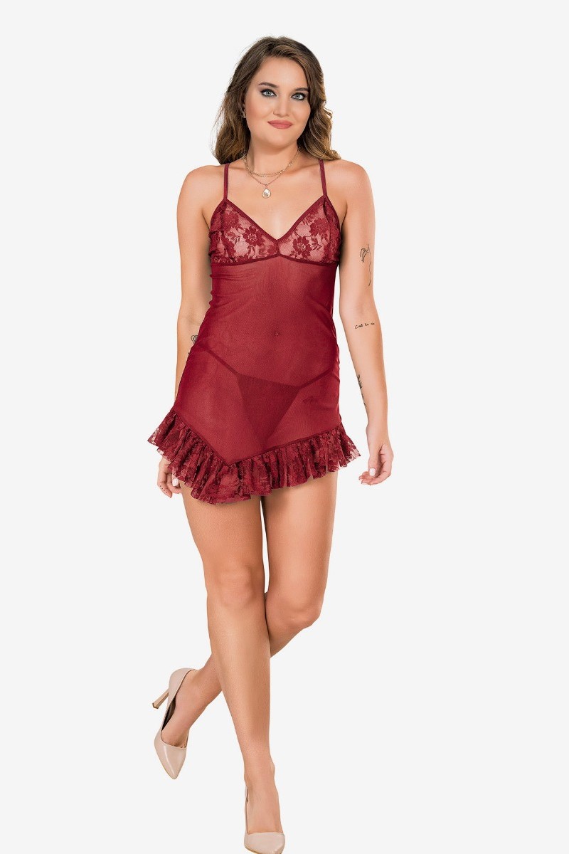 Babydoll Με Στρινγκ See Through Love Plus Size Μπορντώ 3XL