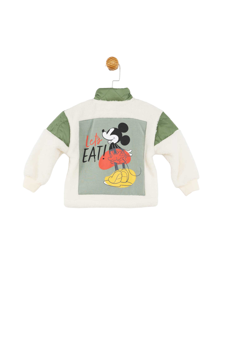 FLEECE ΜΠΛΟΥΖΑ MICKEY ΜΕ ΚΕΝΤΗΜΑ ΣΤΗΝ ΠΛΑΤΗ ΚΑΙ ΚΛΕΙΣΙΜΟ ΜΕ ΚΟΥΜΠΙΑ Εκρού-Κυπαρισσί 12-18 μηνών