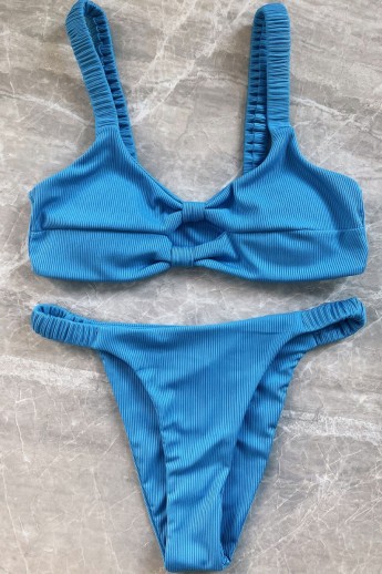 Ribbed Double Twist High Cut Bikini Swimwear - Blue Μπλε L
