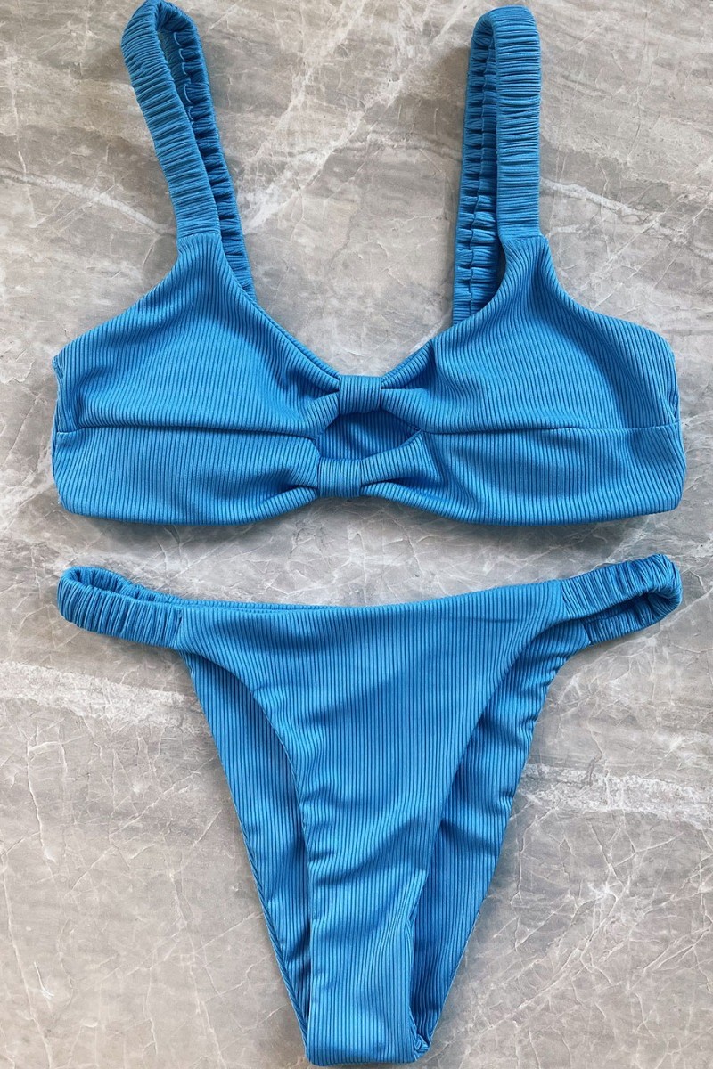 Ribbed Double Twist High Cut Bikini Swimwear - Blue Μπλε L