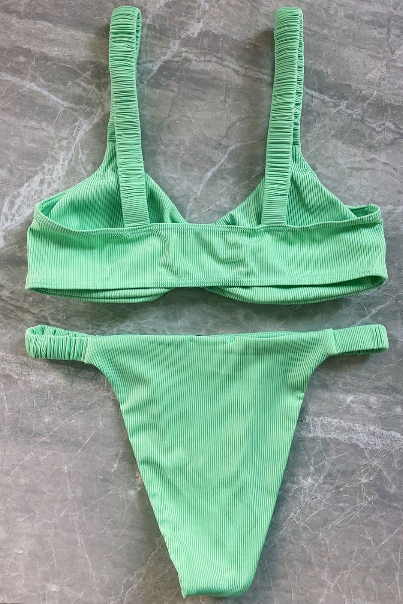 Ribbed Double Twist High Cut Bikini Swimwear - Light Green Λαχανί L
