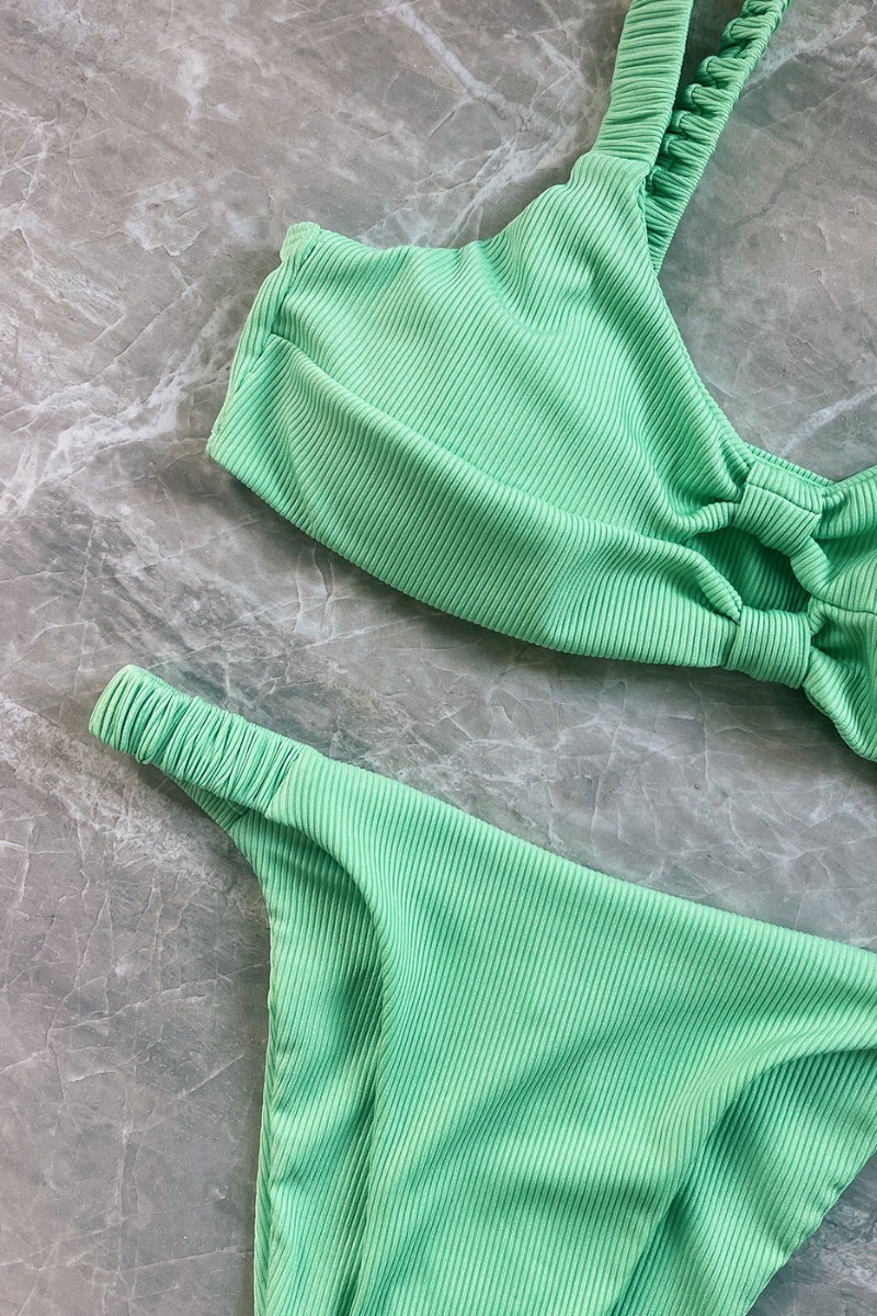 Ribbed Double Twist High Cut Bikini Swimwear - Light Green Λαχανί L