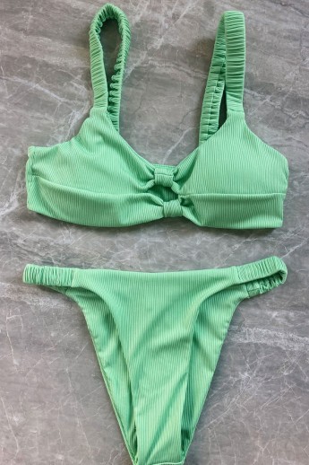 Ribbed Double Twist High Cut Bikini Swimwear - Light Green Λαχανί M