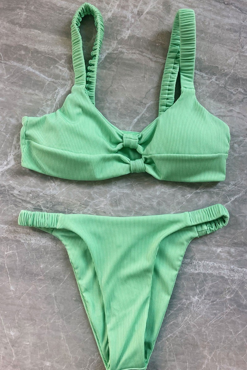 Ribbed Double Twist High Cut Bikini Swimwear - Light Green Λαχανί M