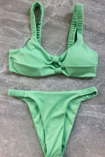 Ribbed Double Twist High Cut Bikini Swimwear - Light Green Λαχανί S